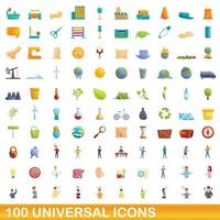 100 universal icons set, cartoon style vector