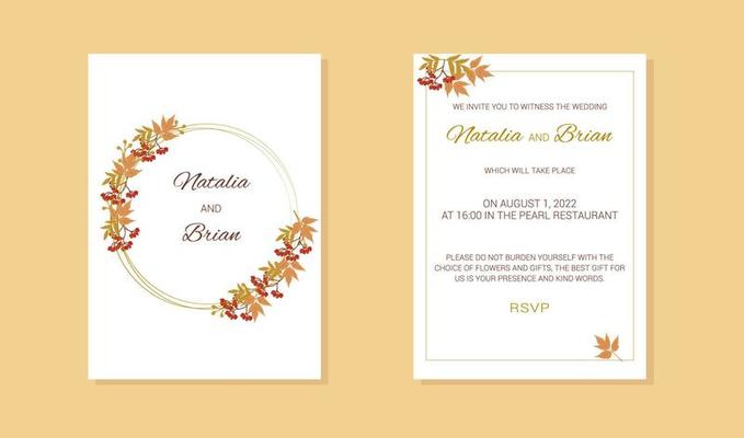 autumn wedding invitation leaf branch rowan frame