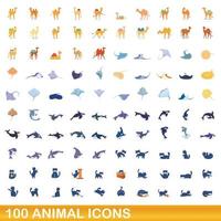 100 animales, conjunto de iconos de estilo de dibujos animados