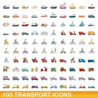 100 transport icons set, cartoon style vector