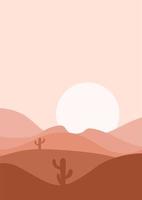 Ilustración de vector de paisaje plano del desierto. ilustración de paisaje de desierto y cactus al atardecer. montañas y cactus en estilo de dibujos animados planos.