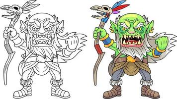 cartoon fantasy orc shaman, coloring book, funny illustration vector