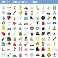 100 recreation icons set, flat style vector