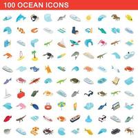 100 ocean icons set, isometric 3d style vector