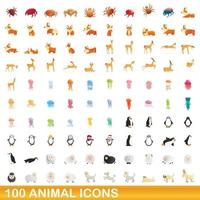 100 animales, conjunto de iconos de estilo de dibujos animados vector