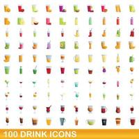 100 drink icons set, cartoon style vector