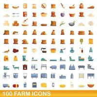 100 farm icons set, cartoon style