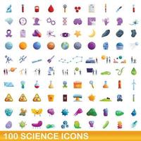 100 ciencia, conjunto de iconos de estilo de dibujos animados vector