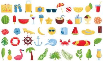 Summer party icons set, cartoon style vector