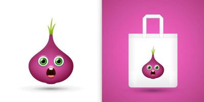 Red Onion on white tote bag. Vector