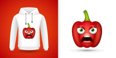 Red Bell Pepper on white sweatshirt hoodie. Vector