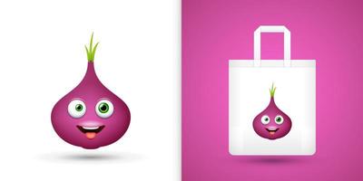 Red Onion on white tote bag. Vector