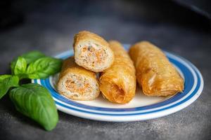 nem carne y verduras nems salsa picante cocina rollitos de primavera fritos comida fresca y saludable comida merienda dieta en la mesa espacio de copia fondo de alimentos foto