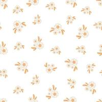 Seamless pattern with autumn small abstract bouquets of lined flowers in warm colors isolated on white background in flat cartoon style. vector
