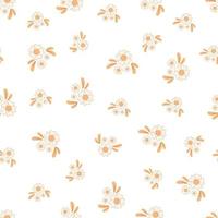 Seamless pattern with autumn small abstract bouquets of lined flowers in warm colors isolated on white background in flat cartoon style. vector