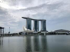 Singapore July 3 2022 Cloudy view at the Marina Bay sands and Helix Bridge in Singapore landmarks photo