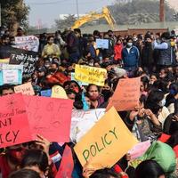 New Delhi, India December 25 2021 - Delhi Contractual Guest Teachers with posters, flags and graffitis protesting against Delhi AAP Government for making policy, Delhi Guest Teachers protesting photo