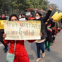 New Delhi, India December 25 2021 - Delhi Contractual Guest Teachers with posters, flags and graffitis protesting against Delhi AAP Government for making policy, Delhi Guest Teachers protesting photo
