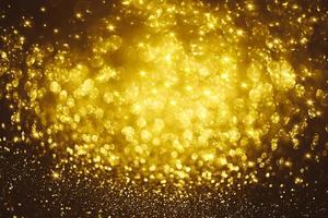 Golden glitter bokeh lighting texture Blurred abstract background for birthday, anniversary, wedding, new year eve or Christmas photo