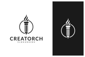 diseño de logotipo de pluma, lápiz y antorcha vector