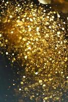 Golden glitter bokeh lighting texture Blurred abstract background for birthday, anniversary, wedding, new year eve or Christmas photo