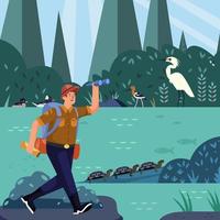 Wildlife Biologist Study Animal In The Forest Concept vector