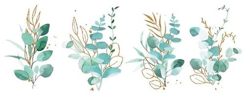 watercolor drawing. set of bouquets, compositions of eucalyptus leaves and golden elements. green and gold leaves in vintage style. vector