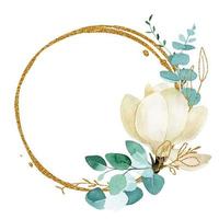 golden round frame with watercolor green eucalyptus leaves and magnolia flowers. abstract frame with splashes of gold and eucalyptus branches vector