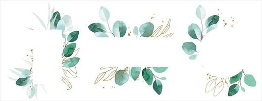 set of watercolor drawings. frames made of eucalyptus leaves and golden elements and splashes. round and rectangular vintage frames vector
