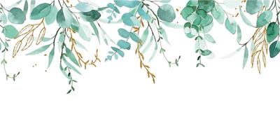 watercolor drawing. seamless border, banner, frame of eucalyptus leaves and golden elements. green and gold leaves in vintage style. vector