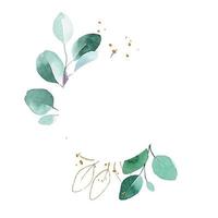 watercolor drawing. round frame, border with eucalyptus leaves and golden leaves and splashes. delicate pattern in vintage style, boho vector