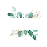 watercolor drawing. rectangular frame, border with eucalyptus leaves and golden leaves and splashes. delicate pattern in vintage style, boho vector