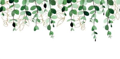 seamless watercolor border with eucalyptus leaves and golden elements. isolated on white background green and shiny golden eucalyptus leaves and branches vector