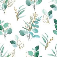 seamless watercolor pattern with eucalyptus leaves and golden elements. leaves with golden texture and green tropical leaves on white background vector