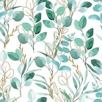 watercolor seamless pattern. green and gold eucalyptus leaves on a white background. vintage print with golden texture