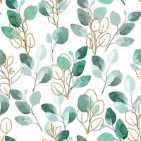 watercolor seamless pattern. green and gold eucalyptus leaves on a white background. vintage print vector