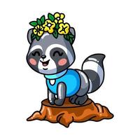 Cute baby raccoon cartoon standing on the stump vector