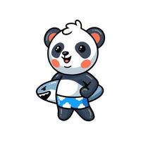 Cute little panda cartoon holding surfboard vector