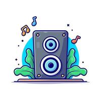 altavoz del sistema de sonido acústico con notas de ilustración de icono de vector de dibujos animados de música. concepto de icono de objeto de arte vector premium aislado. estilo de dibujos animados plana