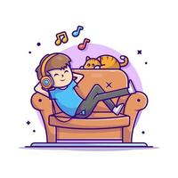 niño feliz escuchando música en el sofá con lindo gato, melodía y notas de la ilustración del icono del vector de dibujos animados de música. concepto de icono de arte de personas vector premium aislado. estilo de dibujos animados plana