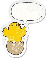 cartoon hatching bird and speech bubble distressed sticker vector