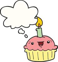 cartoon cupcake with candle and thought bubble