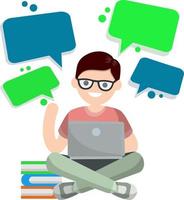 Man sit with laptop. Work freelance and programmer. Guy works on Internet and chat. Communication and training at computer. Flat cartoon Cloud text bubble dialog. Conversation and Talk. vector