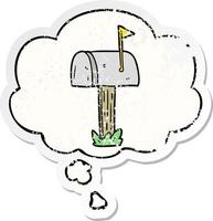 cartoon mailbox and thought bubble as a distressed worn sticker vector