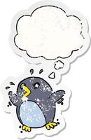 cartoon frightened penguin and thought bubble as a distressed worn sticker vector