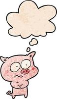 cartoon nervous pig and thought bubble in grunge texture pattern style vector