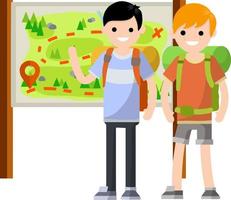 Tourists near stand with information map vector