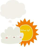 cartoon sun and cloud and thought bubble in retro style vector