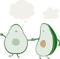 cartoon dancing avocados and thought bubble in retro style vector