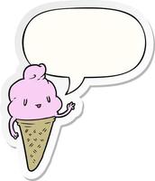 cute cartoon ice cream and speech bubble sticker vector